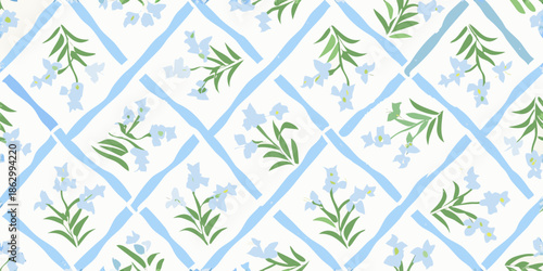 A repeating pattern of blue forget me not flowers and diamond lattice design