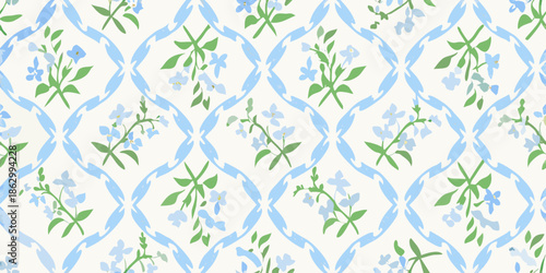 Delicate floral pattern with blue and green blossoms on a light background