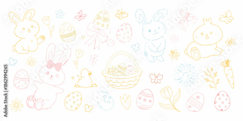 Pastel easter doodles featuring bunnies eggs chicks and spring floral elements