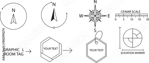 An array of various navigation and design icons, including compasses, scales, and room tags, showcasing versatile graphic resources.