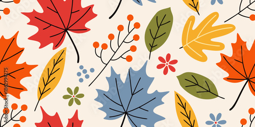 A colorful autumn pattern featuring maple leaves berries and small floral accents
