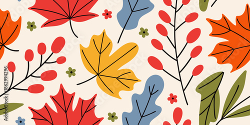 Autumn leaves and berries pattern a colorful and decorative fall foliage design