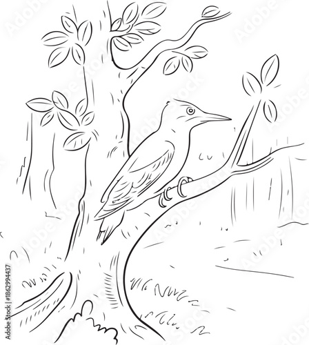 A spotted woodpecker with a great white beak and black feathers perches on a wild tree branch within a green forest nature scene