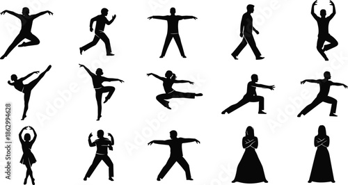 dance, dancer, movement, motion, pose, action, performance, fitness, yoga, martial, arts, silhouette, vector, black, illustration, people, human, collection, isolated, white