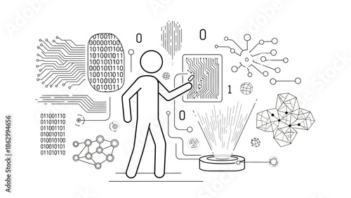 Stick Figure Man Interacting with Holographic Interface and Digital Binary Code, Isolated White Background