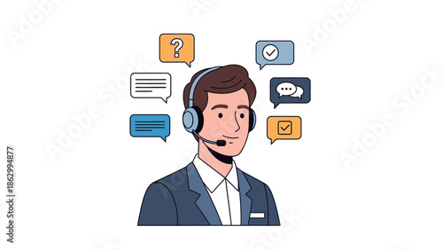 A customer service representative wearing a headset with various chat and message icons surrounding him