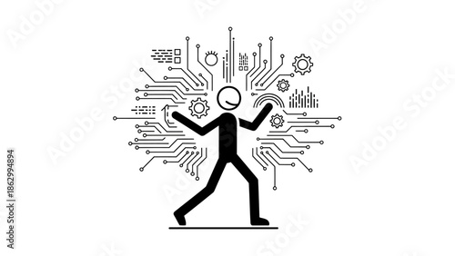 Empowered black stick figure person with outstretched arms, integrated into a complex circuit board design with gears and lightbulbs, symbolizing technological mastery on isolated white background.
