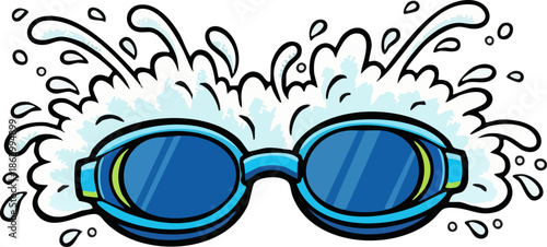 Blue swimming goggles with dynamic water splash vector illustration.