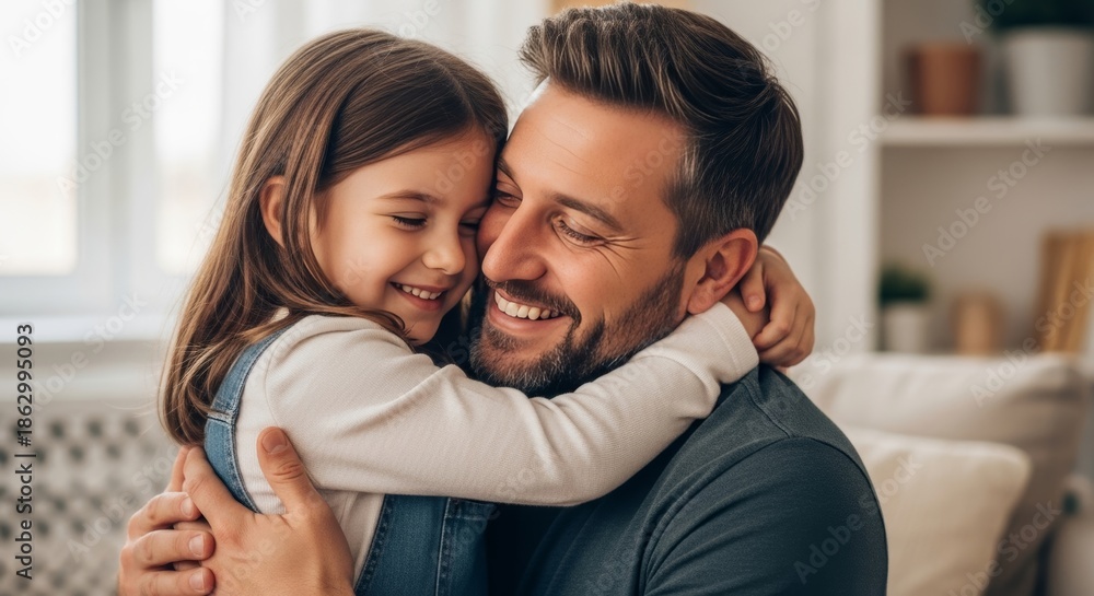 Obraz premium A smiling Caucasian father in a grey t-shirt embraces his cheerful young daughter in denim overalls indoors at home.