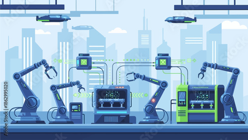Robotic arms working together in a futuristic factory setting with automated vehicles overhead