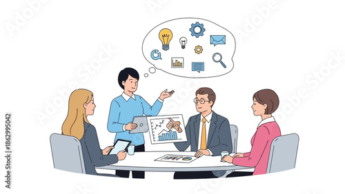 A group of professionals engaged in a meeting discussion around a table with visual aids and digital devices.