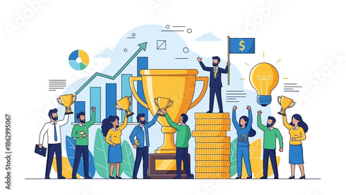 A group of people celebrating success with a large trophy and stacks of money in a modern office environment