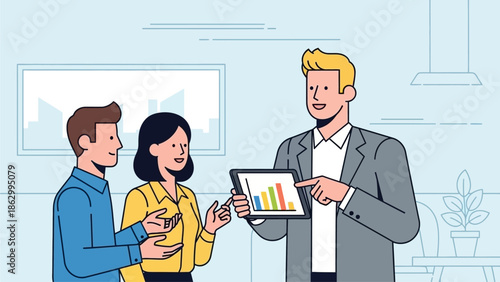 Three professionals analyzing business data on a digital tablet in a modern office environment from a straightforward viewpoint.