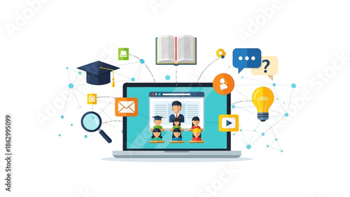 People using laptop for online education surrounded by learning symbols and icons in a modern digital environment from a straightforward viewpoint