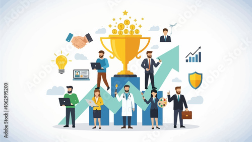 Celebrating Success with Professionals around a Golden Trophy