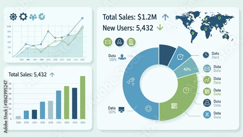 Business data visualization dashboard displaying global sales statistics and user growth through various charts and graphs