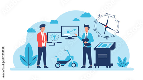 Two professionals collaborating on technology and transportation solutions in a modern environment with various devices and equipment