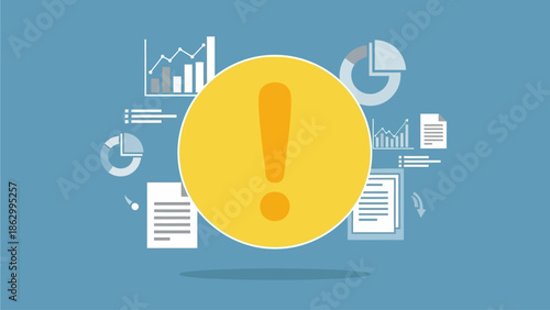 A large exclamation mark surrounded by various graphs and documents on a blue background