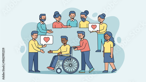 A group of people showing love and support to a person in a wheelchair