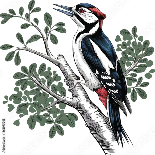 A spotted woodpecker with a great white beak and black feathers perches on a wild tree branch within a green forest nature scene
