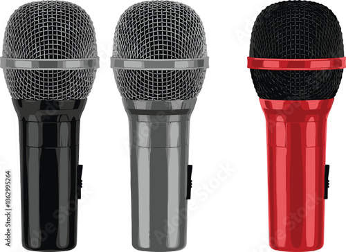 Handheld microphone set vector illustration, black gray red wireless mic collection, audio equipment design for music, karaoke, podcast, broadcasting