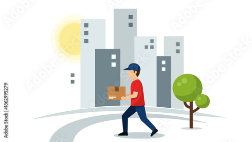 A delivery person walks down a city street with buildings and trees