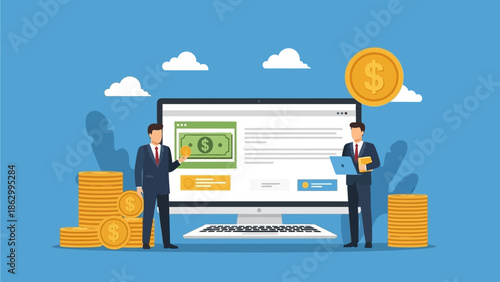 Two businessmen interacting with a large computer screen displaying an online transaction