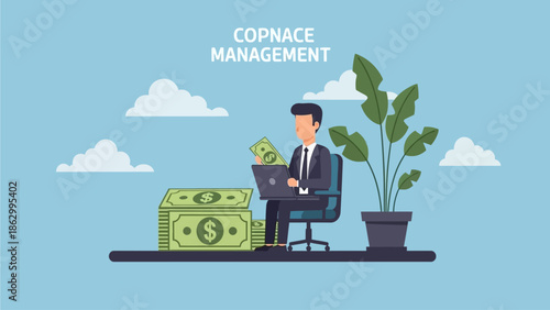 Businessman managing finances in a serene office environment with plants and currency