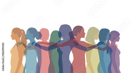 Diverse group of women standing together, arms around each other, symbolizing unity and support.