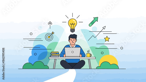 Man working on laptop with creative ideas surrounding him in a serene environment