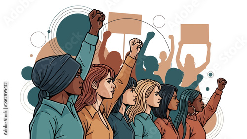 Diverse group of women with raised fists and protest signs, symbolizing solidarity and activism.