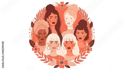 A diverse group of women with different skin tones and hairstyles are depicted in a circular illustration surrounded by floral elements and leaves.