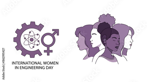 International Women in Engineering Day illustration featuring a gear with an atom symbol and the Venus symbol, alongside a diverse group of women's profiles.