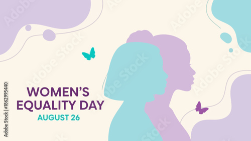 Illustration for Women's Equality Day on August 26, featuring silhouettes of women and butterflies against a pastel background.