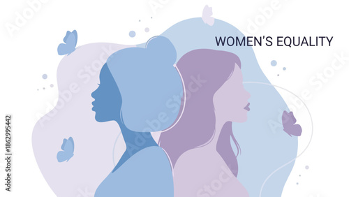Illustration depicting two women in profile, symbolizing women's equality and empowerment with butterflies and abstract shapes.