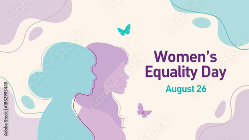 Illustration celebrating Women's Equality Day on August 26, featuring silhouettes of women and butterflies.