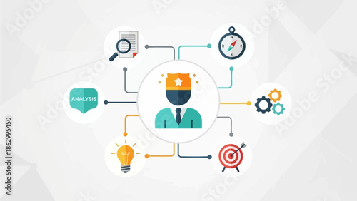 A professional person surrounded by icons representing productivity and innovation in a modern office environment from a top-down viewpoint