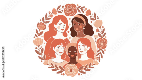 A diverse group of women of different ethnicities and ages are depicted in a circular floral arrangement, symbolizing unity and sisterhood.