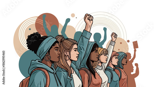 Diverse group of women with raised fists, symbolizing unity, strength, and activism in a stylized illustration.