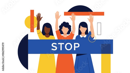 Three diverse women with raised hands and the word STOP displayed prominently, symbolizing protest or a call to action.