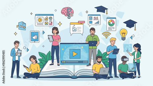 People learning together around a large digital screen displaying a video, surrounded by educational icons and plants.