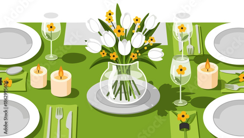 A beautifully set dining table with white tulips and yellow accents, ready for a special occasion.