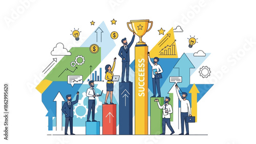 People celebrating success with trophies and rising graphs in a vibrant illustration
