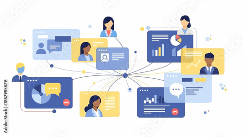 Professionals collaborating on a project through digital communication platforms and data analysis tools in a modern workspace.