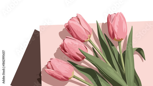 A delicate arrangement of four soft pink tulips with long green leaves, casting a subtle shadow on a pale pink surface.