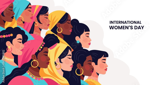 Diverse group of women from various ethnicities and backgrounds standing together in solidarity for International Women's Day.