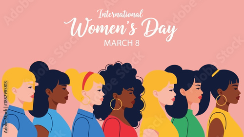 International Women's Day illustration featuring a diverse group of women standing side-by-side, celebrating equality and empowerment.