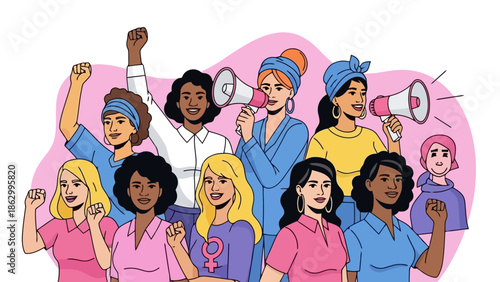 A diverse group of women of various ethnicities and ages stand together with raised fists and megaphones, symbolizing empowerment and activism.