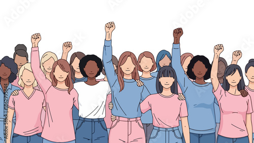 A diverse group of women with raised fists, symbolizing solidarity, empowerment, and the fight for women's rights and equality.