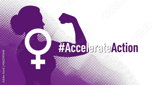 Silhouette of a woman flexing her arm, symbolizing strength and empowerment, with the hashtag #AccelerateAction overlaid.